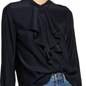 Frame Denim Black Satin Ruffle-Front Blouse